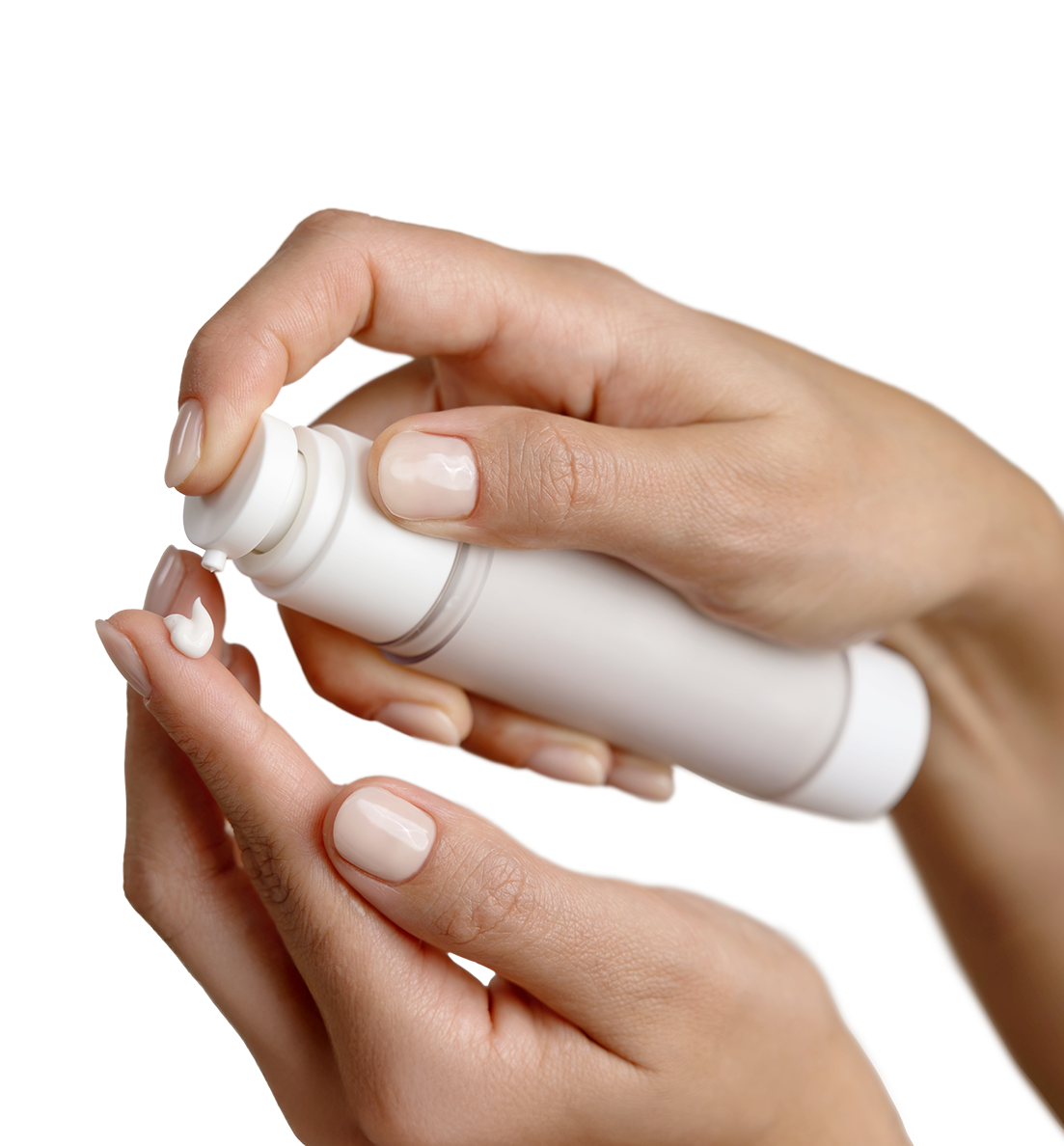 Two hands placing a dab of white cream on a fingertip, holding a pump bottle